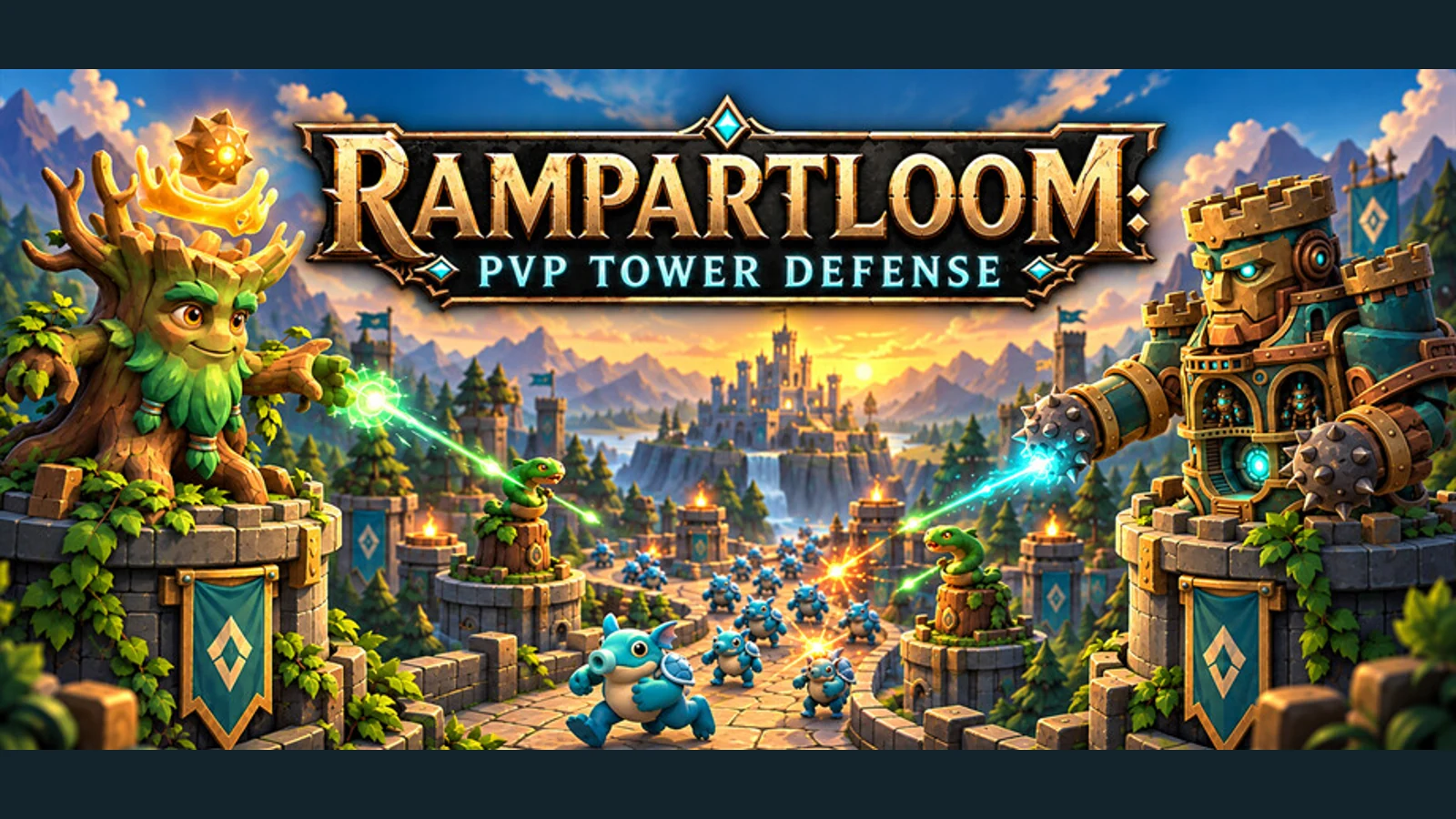 Rampartloom promotional artwork with its title above fantasy towers and an approaching army