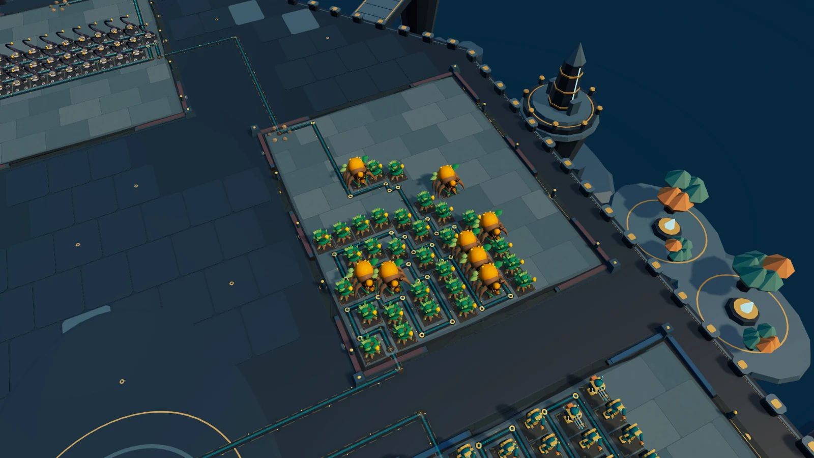 Green and orange towers arranged into a defensive formation on a stone lane