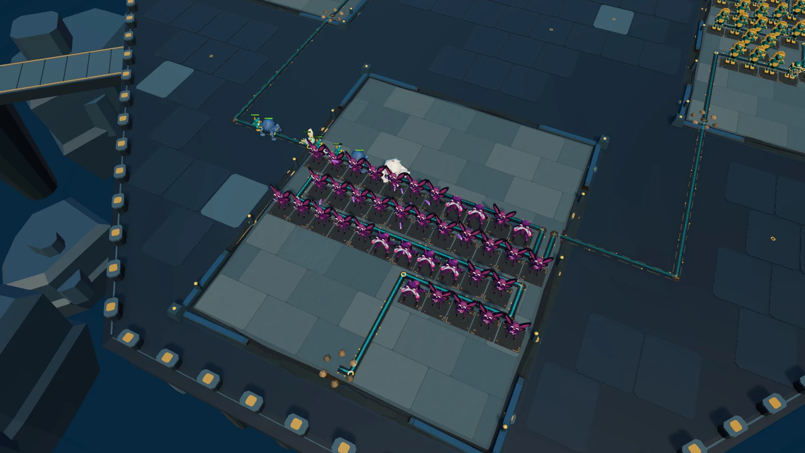 Rows of dark towers with bright magenta details on a defensive lane
