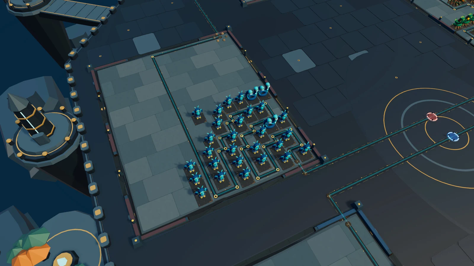 Blue towers arranged in a compact formation on a stone arena