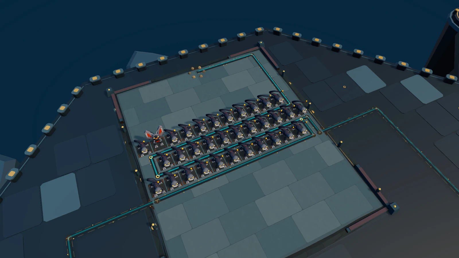 A dense defensive formation of dark towers with orange accents