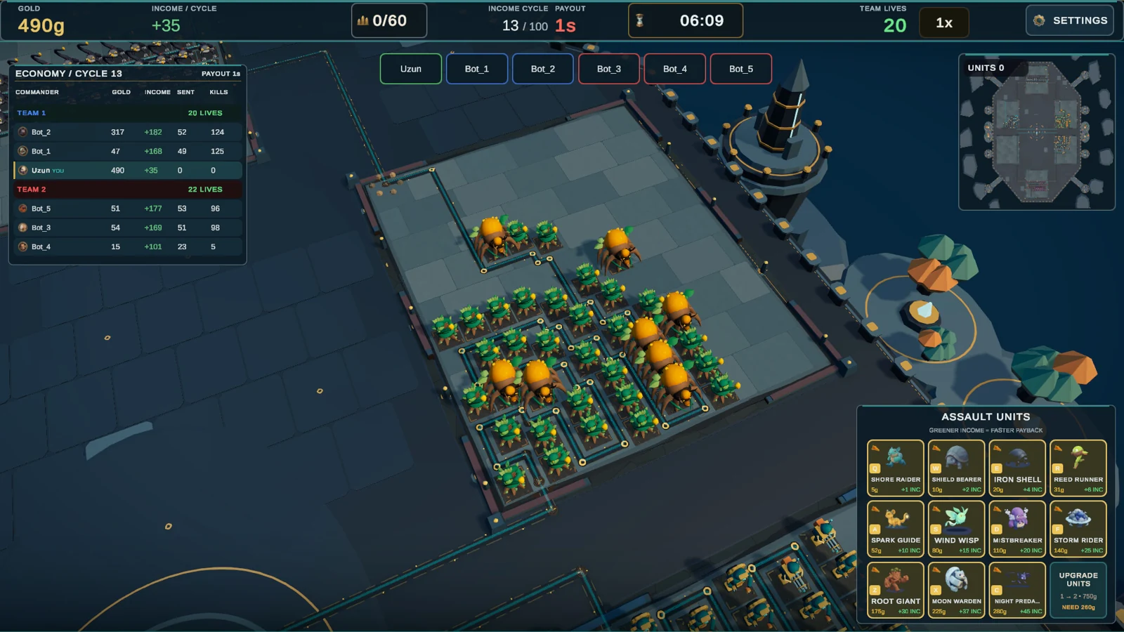 Gameplay interface showing towers, an economy panel, a minimap, and assault unit choices