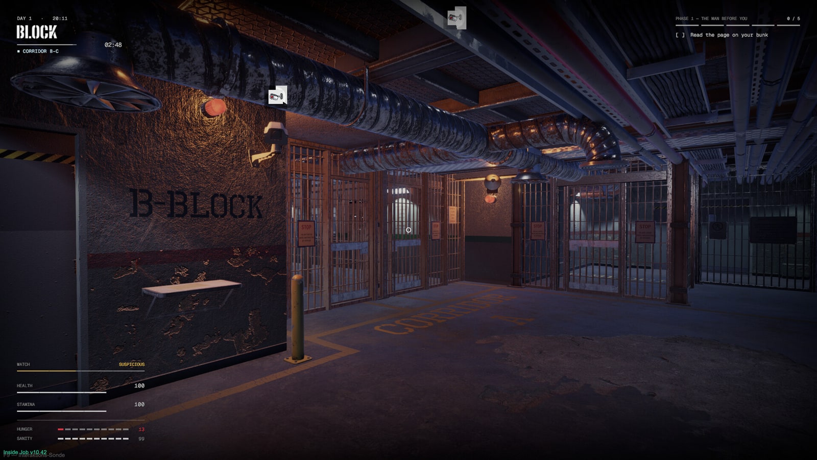 An illuminated prison cell block and barred corridors in Inside Job.