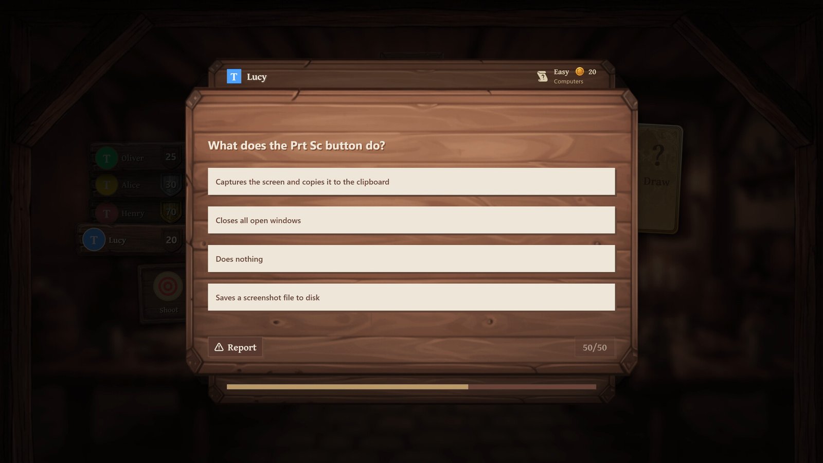 A multiple-choice trivia question appears over the tavern-themed interface.