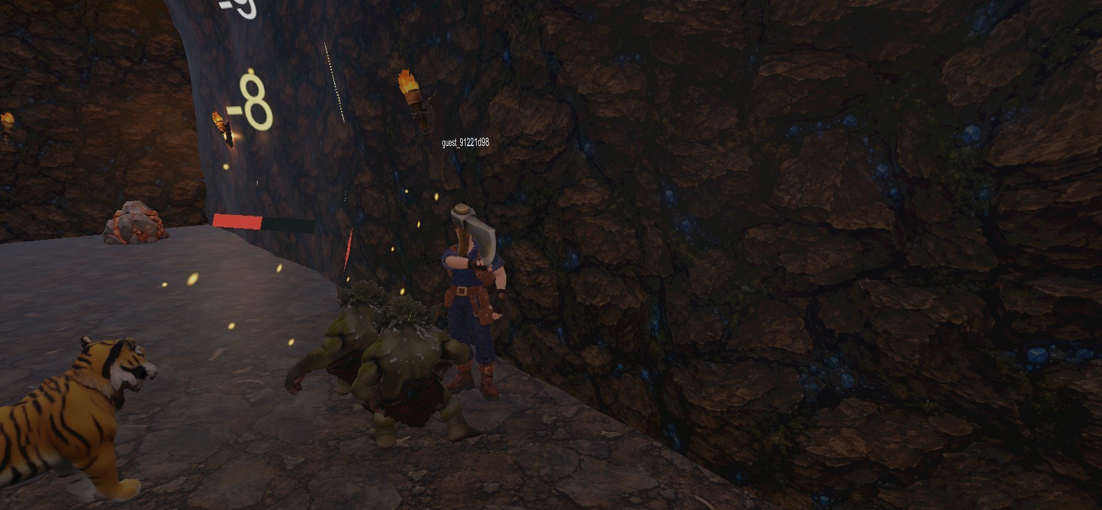 Hearthbound characters and hostile creatures in a dark cave during combat.