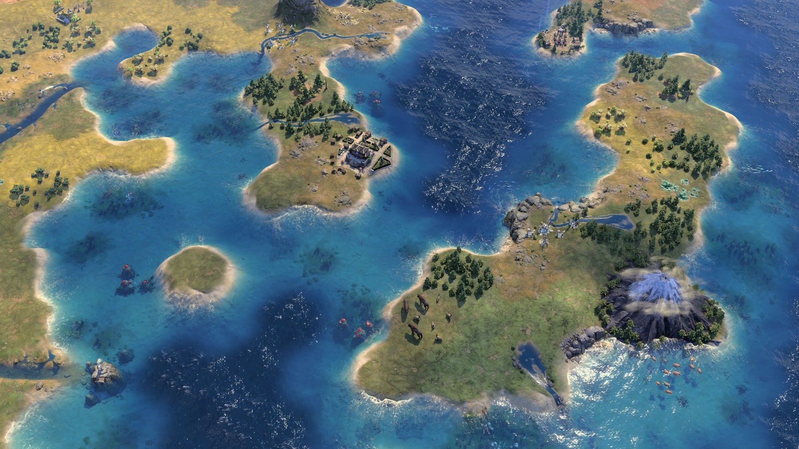 Civilization VII’s Earth map showing coastlines, river valleys, hills and surrounding sea.