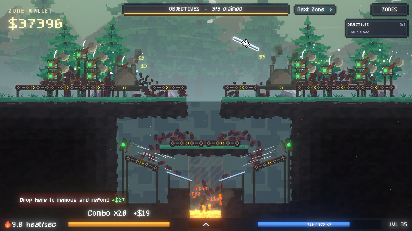 A network of platforms and machinery directs logs towards a glowing core.