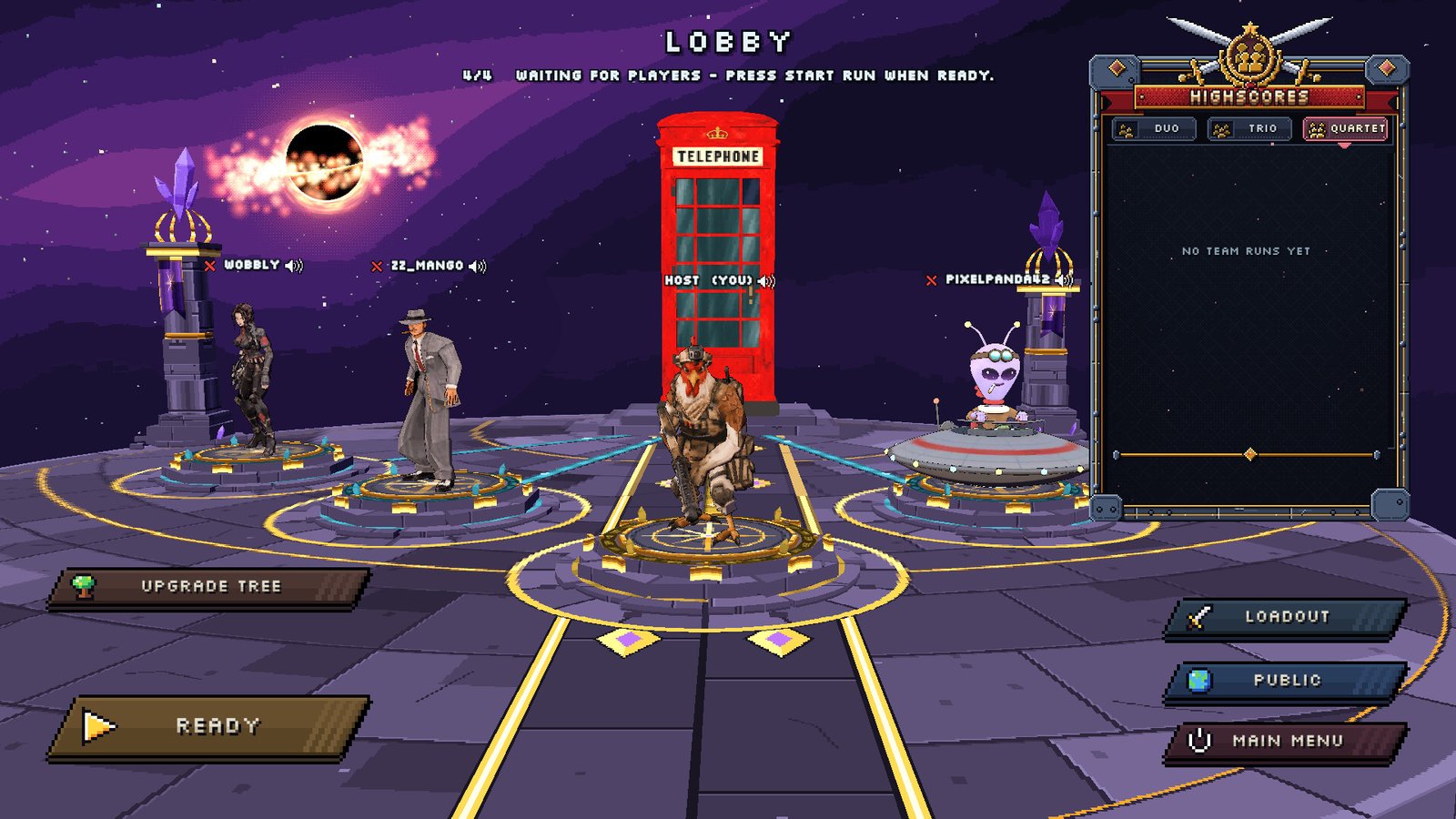 Four character slots and loadout controls appear in the co-op lobby.