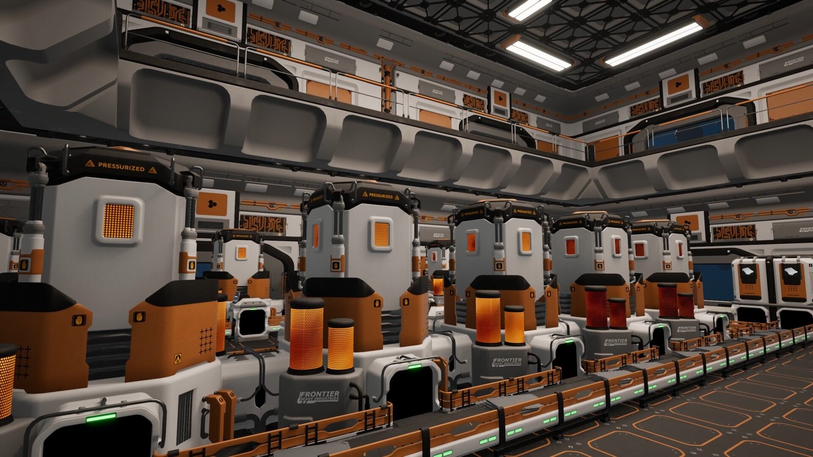 Rows of industrial machines sit inside a space-station interior.