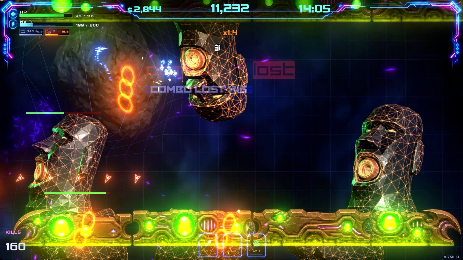 Bright green and yellow projectile effects fill a Geometry Rift arena around large mechanical enemies.
