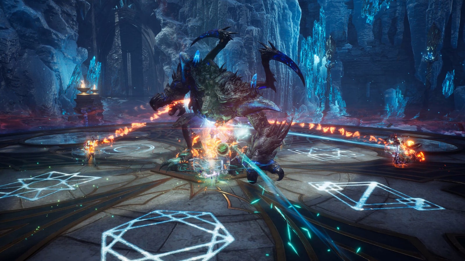 Armoured characters face a large creature on a glowing circular arena in Throne and Liberty.