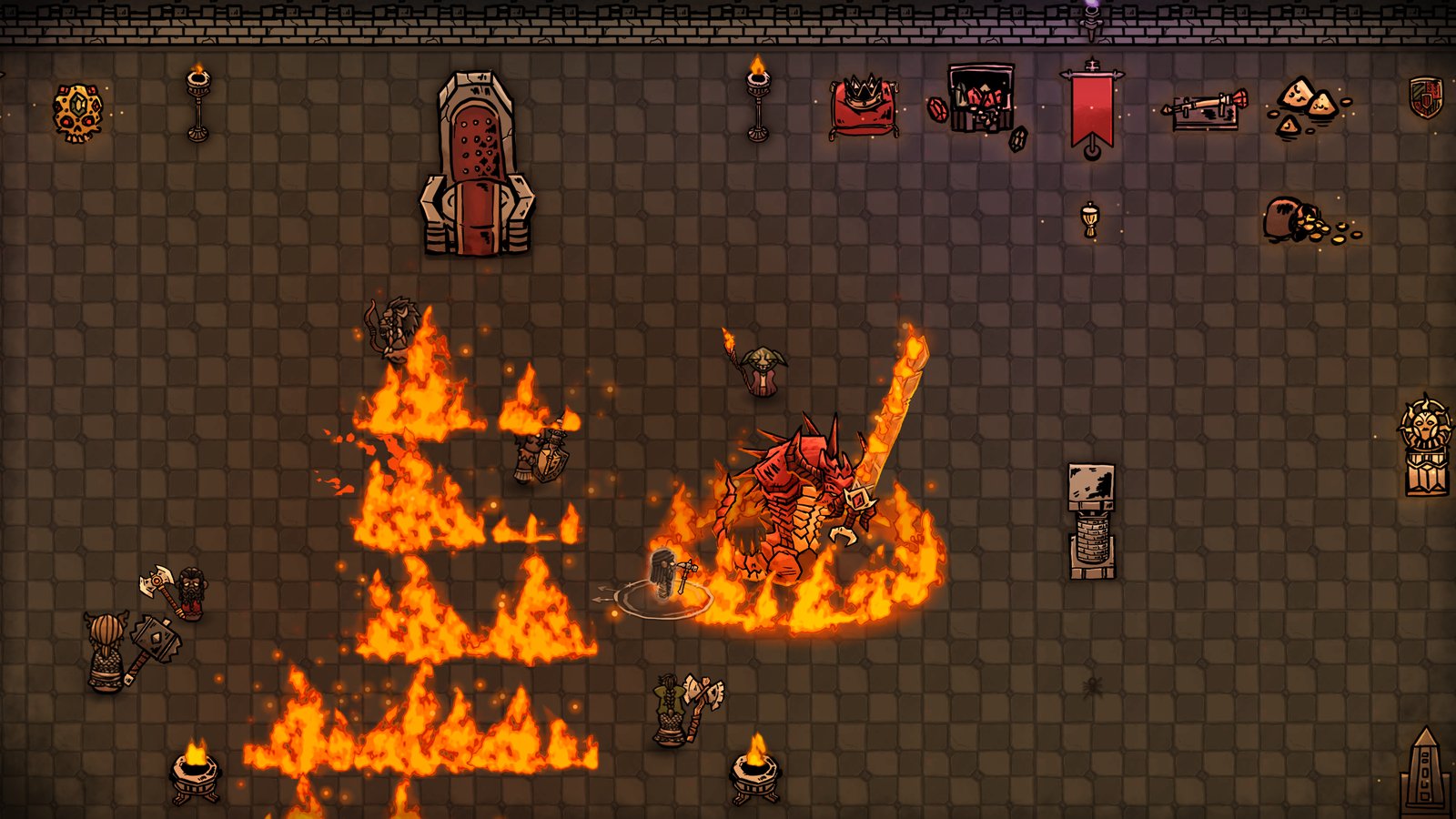 A fiery demon faces adventurers inside a dungeon hall.