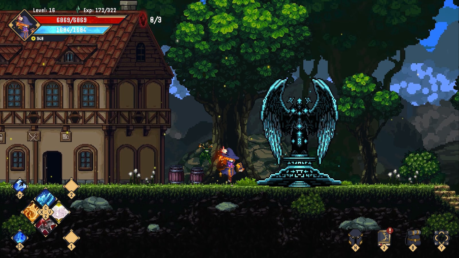 A player character beside an ornate blue portal and a timber-framed house in Ashen Legacy.