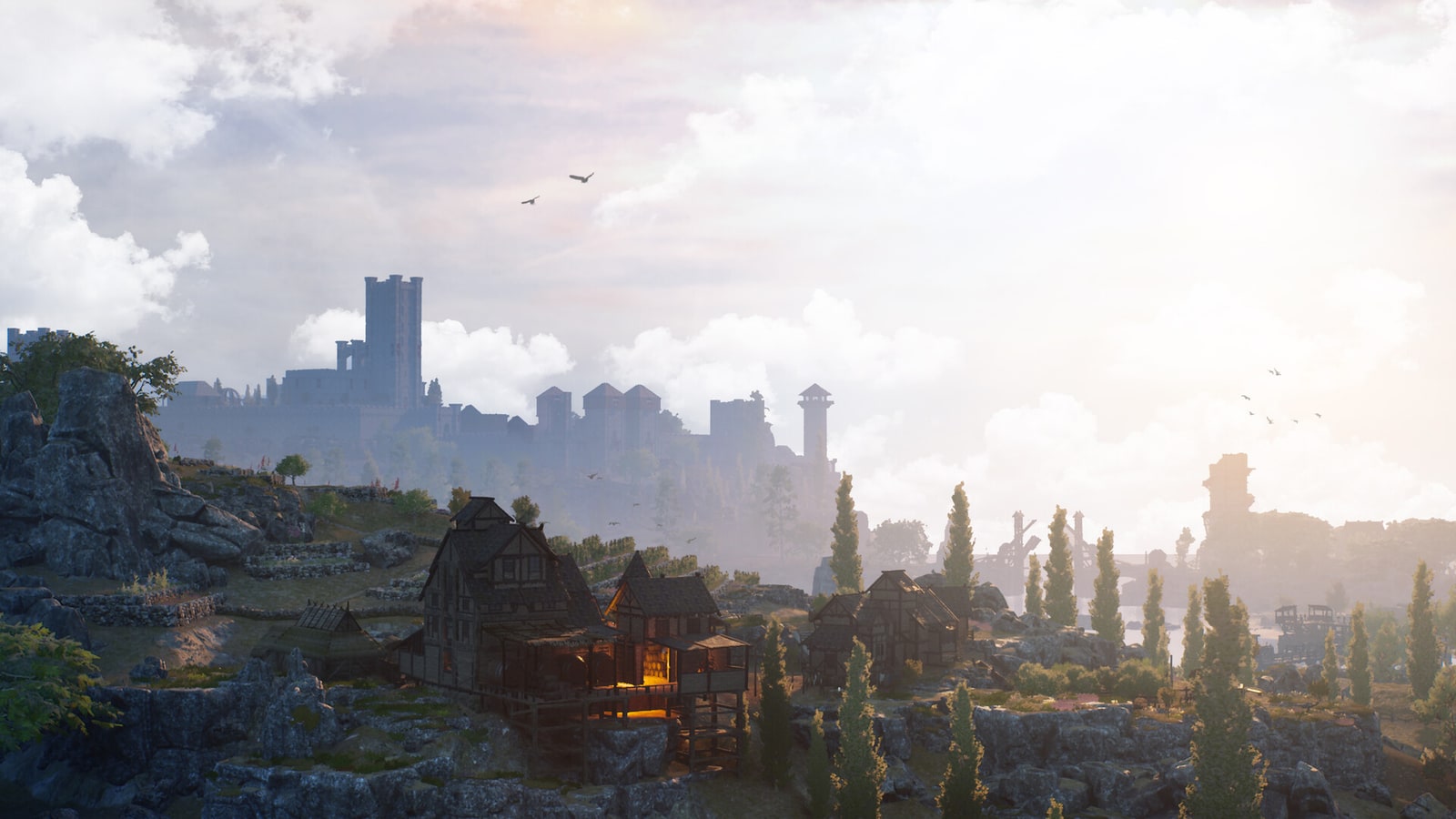 A Bellwright settlement with timber buildings below a stone fortress and cloudy sky.