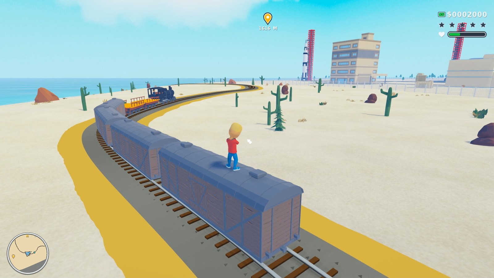 A Cartoon Crime character stands on a rail vehicle beside an open plaza.