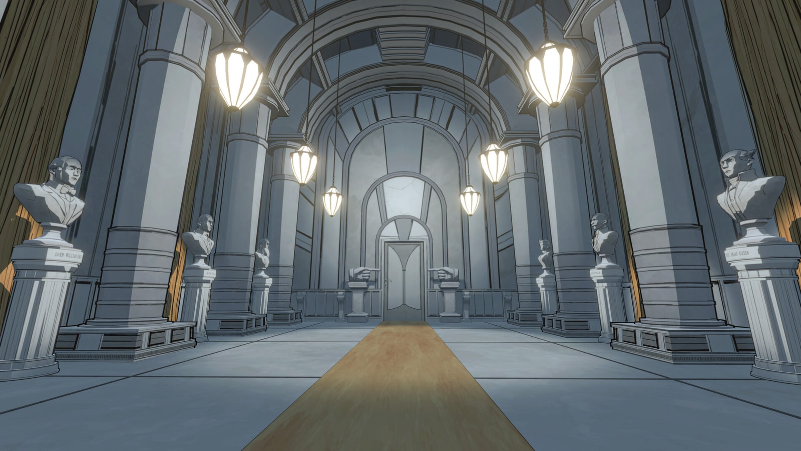 A tall, pale stone hall with columns, hanging lights and a central carpet in Blue Prince.