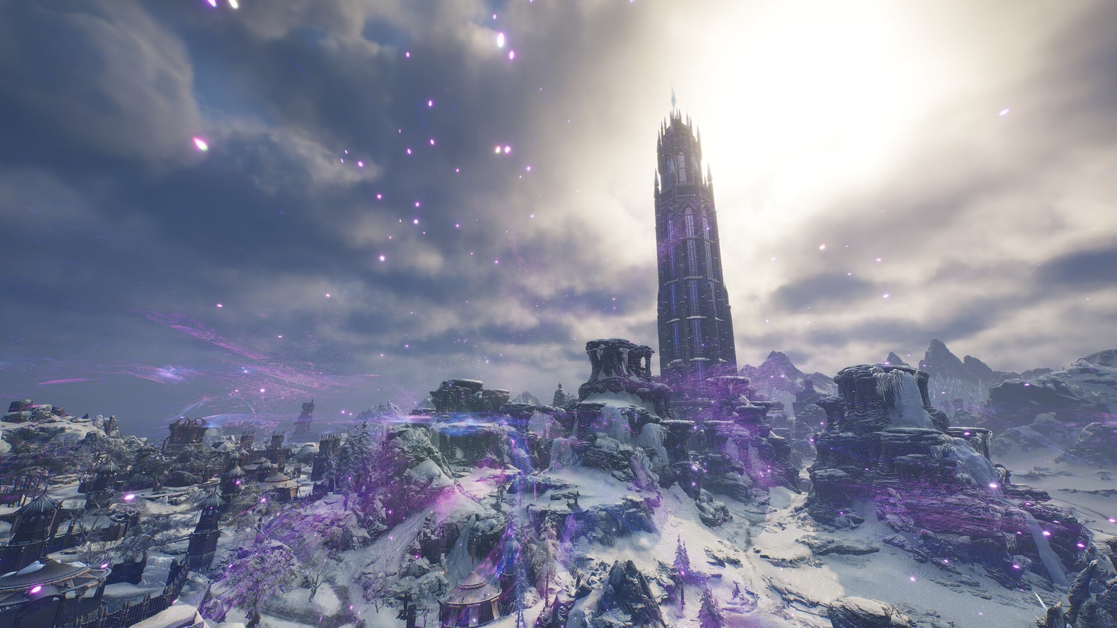 A tall tower above a mountainous settlement, with glowing purple particles in the sky in Throne and Liberty.