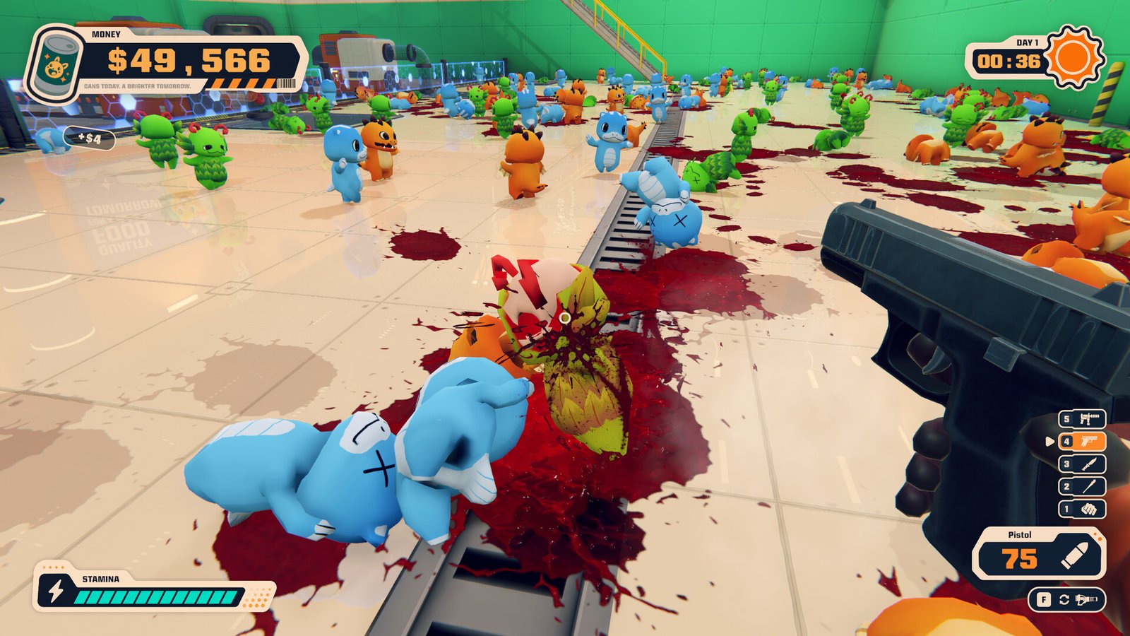 The first-person view shows a firearm, processing equipment and creatures in the factory.