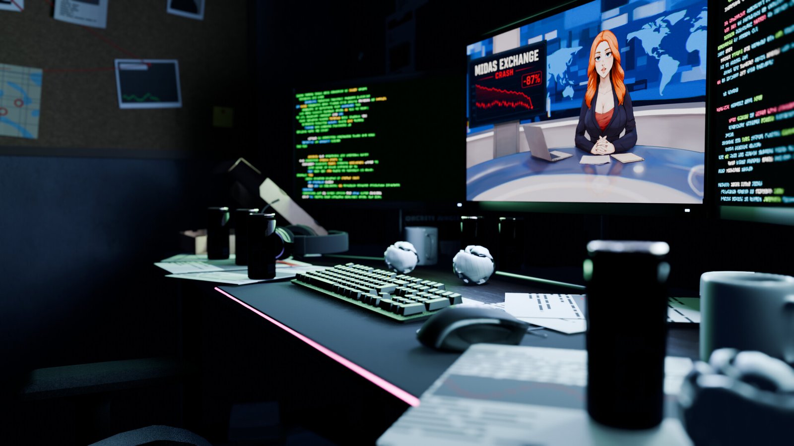 A multi-monitor workstation appears in the game's promotional gallery.