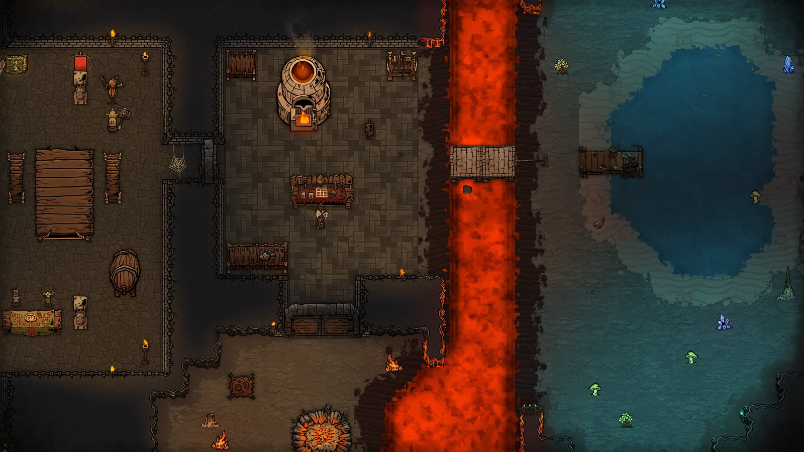 Furnished dungeon rooms border a lava channel and an underground pool.