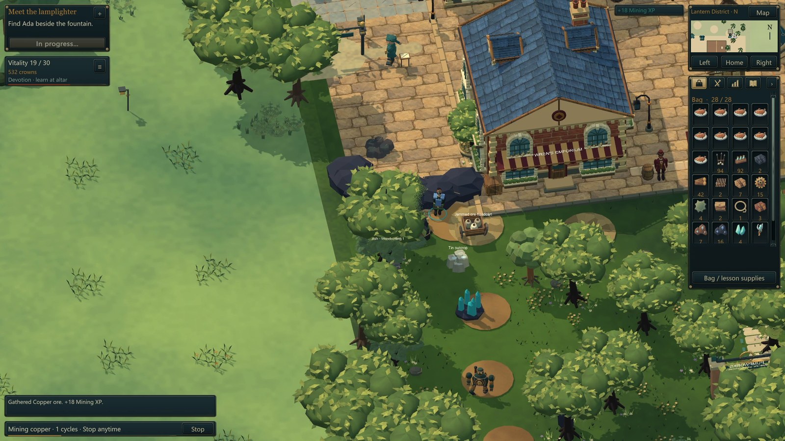 Wildercrown’s prototype character gathers beside a rock, trees and a town building.