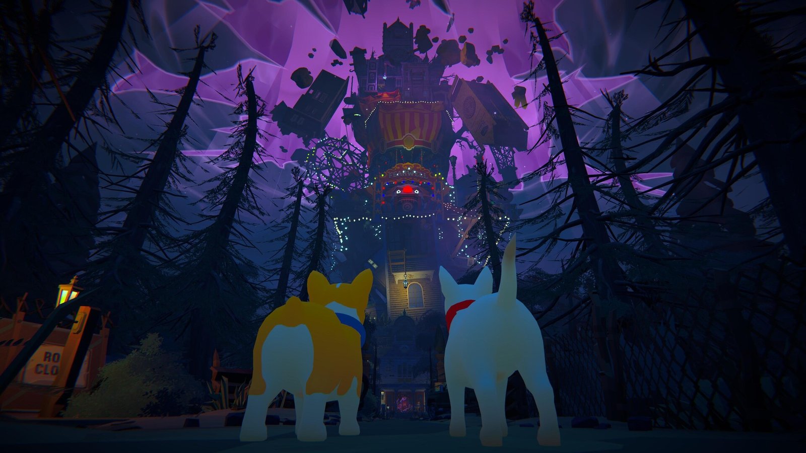 Two puppies face a looming mansion beneath a purple sky.