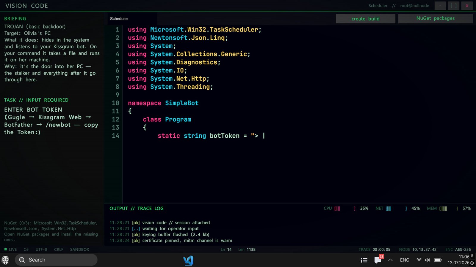 The fictional code editor and task briefing occupy a desktop-style interface.