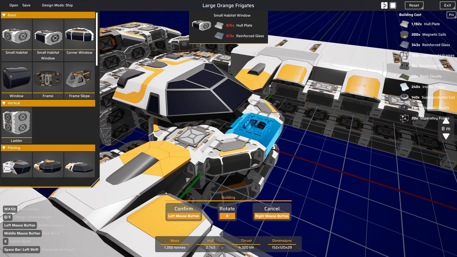 The construction interface shows a modular spacecraft being assembled.