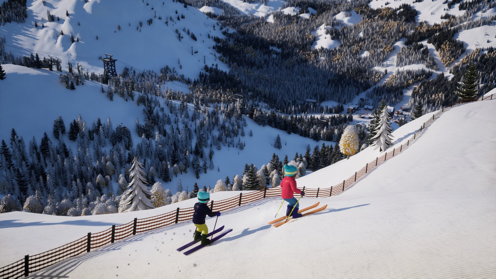 Skiers descend a fenced trail beside the resort buildings.