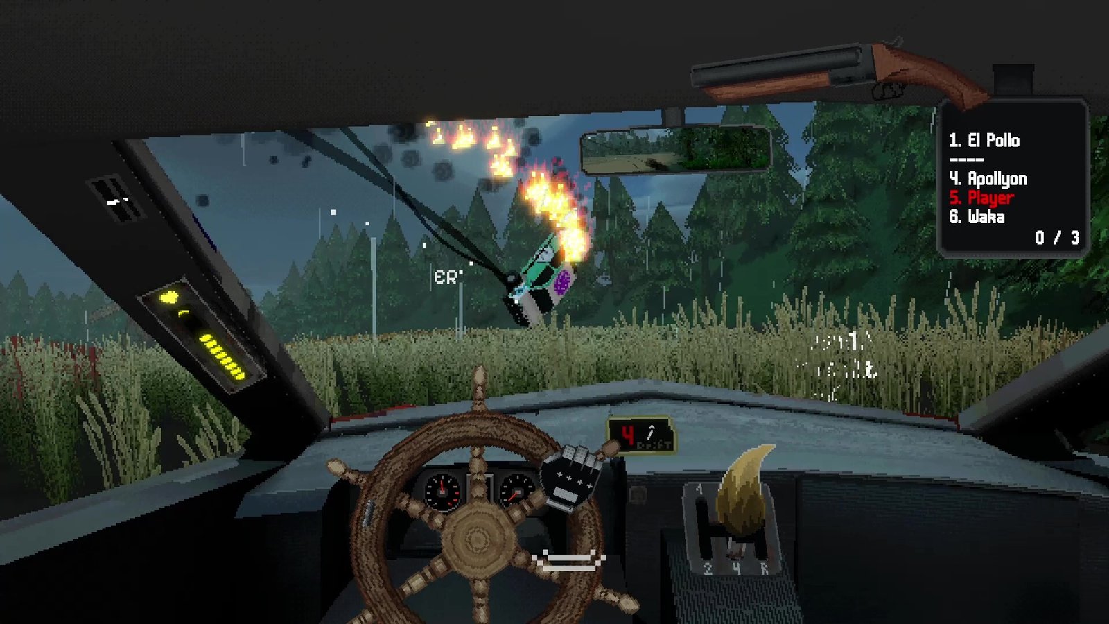 A cockpit view looks towards an explosion beside a wooded race course.