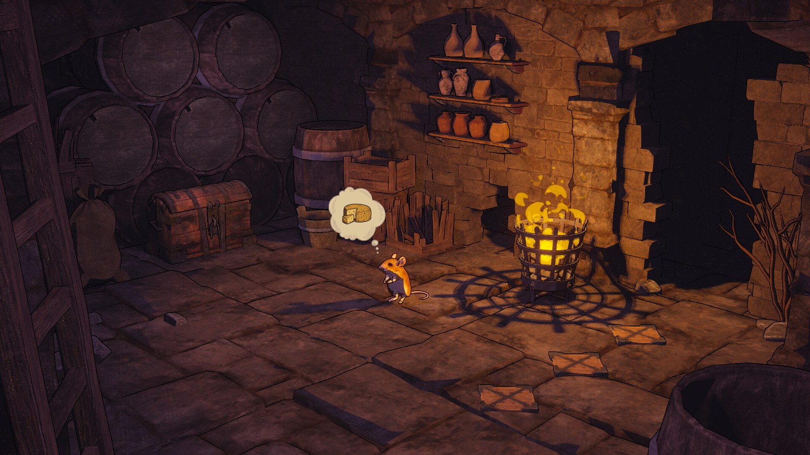 A stone-walled interior with stacked barrels and a glowing brazier in Tavern Clicker.
