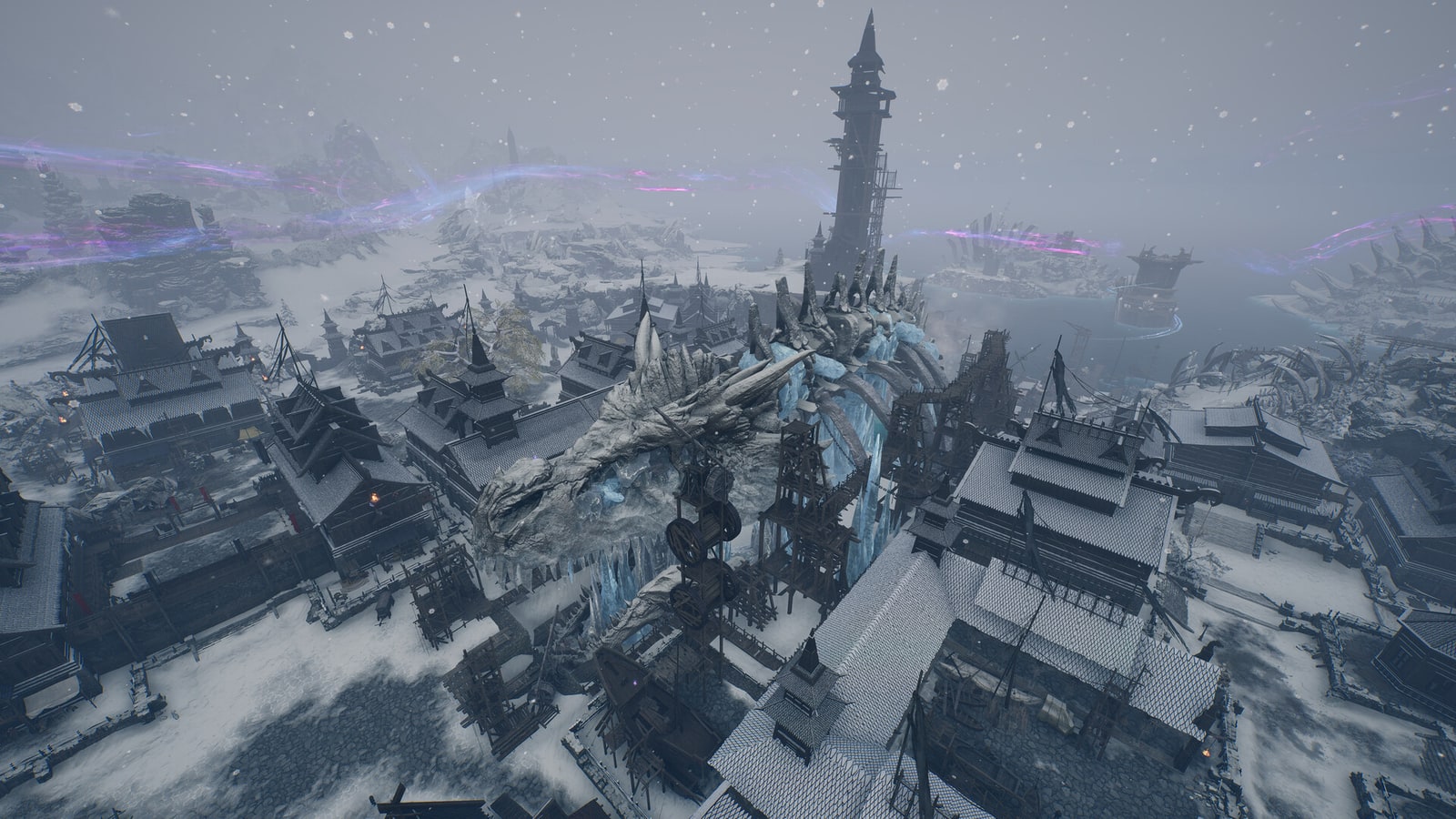 A snowy Throne and Liberty settlement built around a tall stone tower.