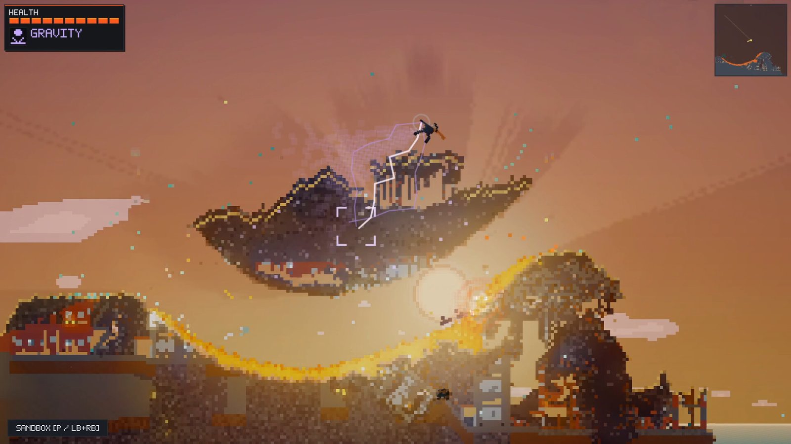 A bright beam cuts through a pixel-art landscape filled with broken structures.