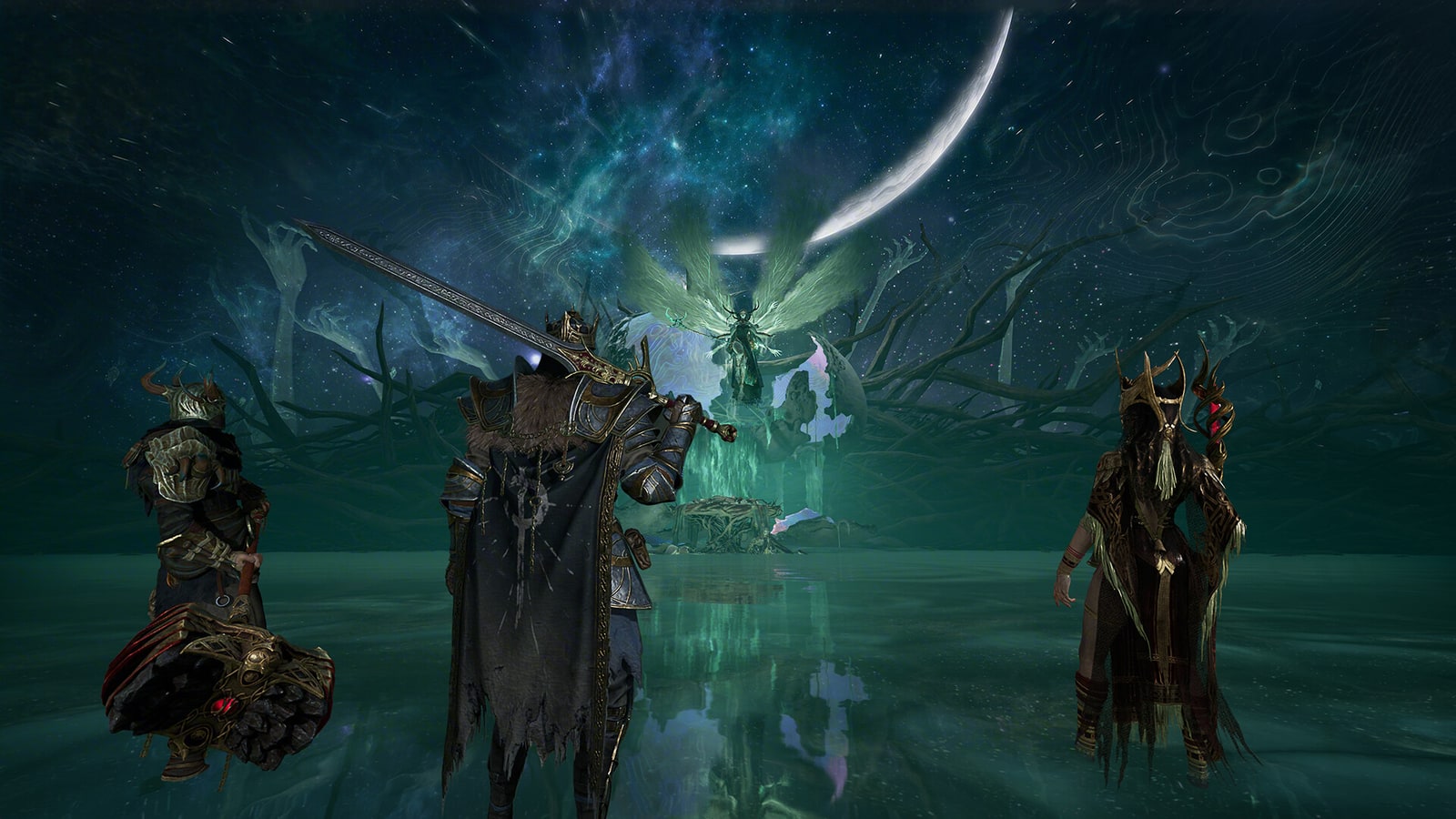 Three fantasy adventurers beneath a large moon in a blue-green Mistfall Hunter landscape.