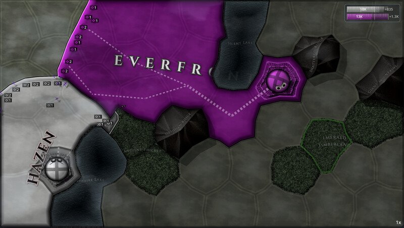 Coloured territories meet along a hexagonal front with terrain features.