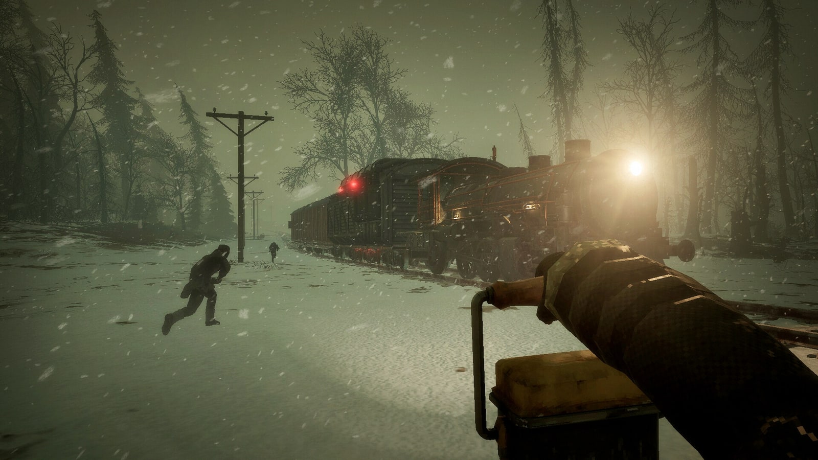 First-person view of a weapon beside a steam train in a snowy forest in Frostrail.