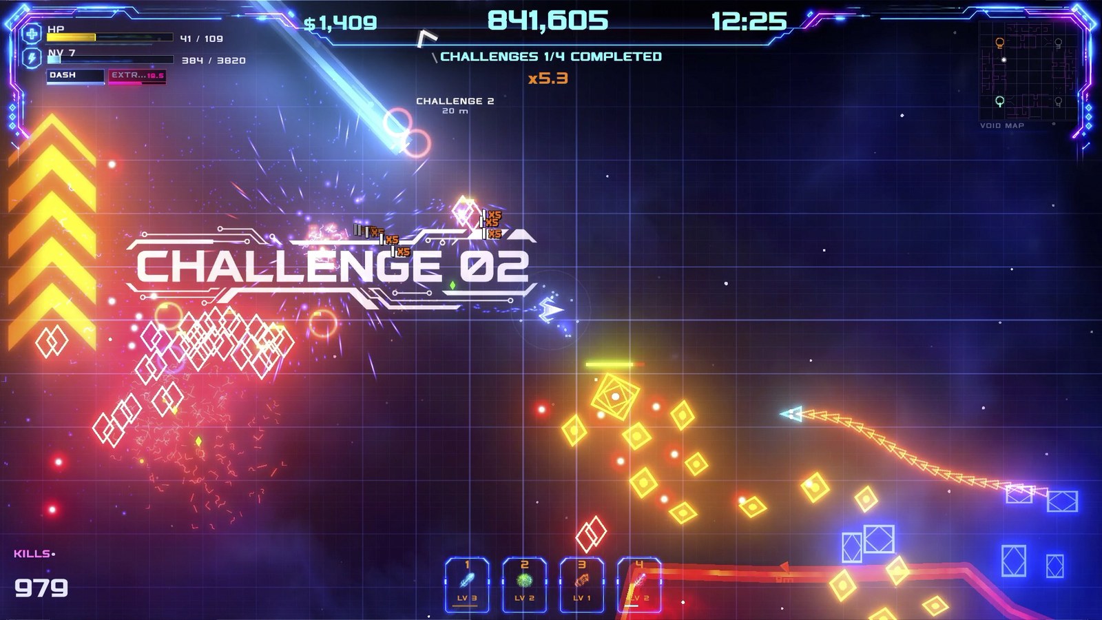 A small ship, neon enemies and bright projectiles in a Geometry Rift challenge arena.