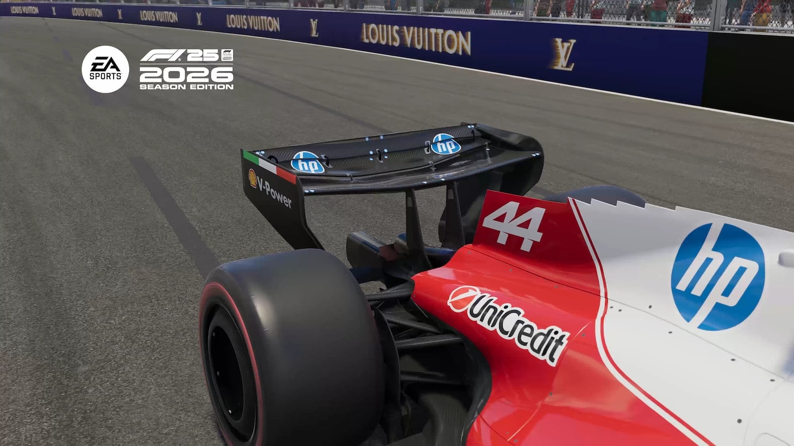 Close rear view of a red Ferrari, with the F1 25 2026 Season Edition mark in the corner.