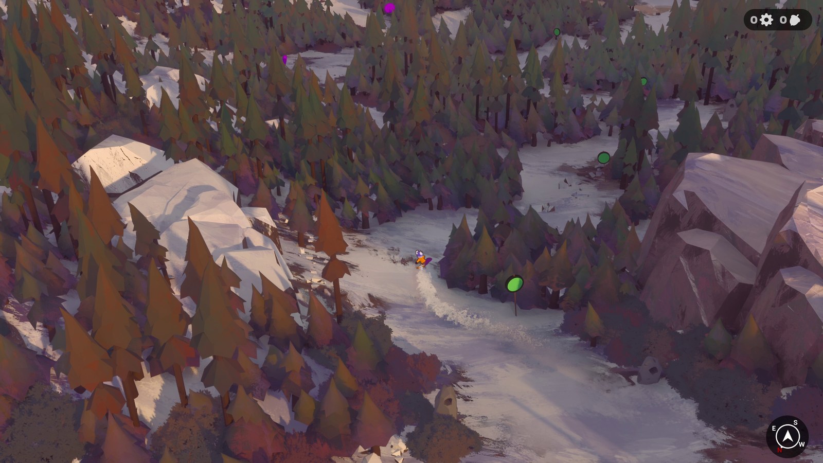 A winding snowy trail through a forest of tall conifers in The Vast White.