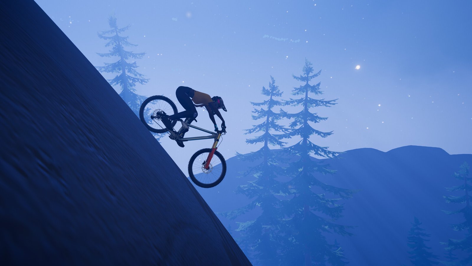 A cyclist rides across a steep slope in a snowy landscape.