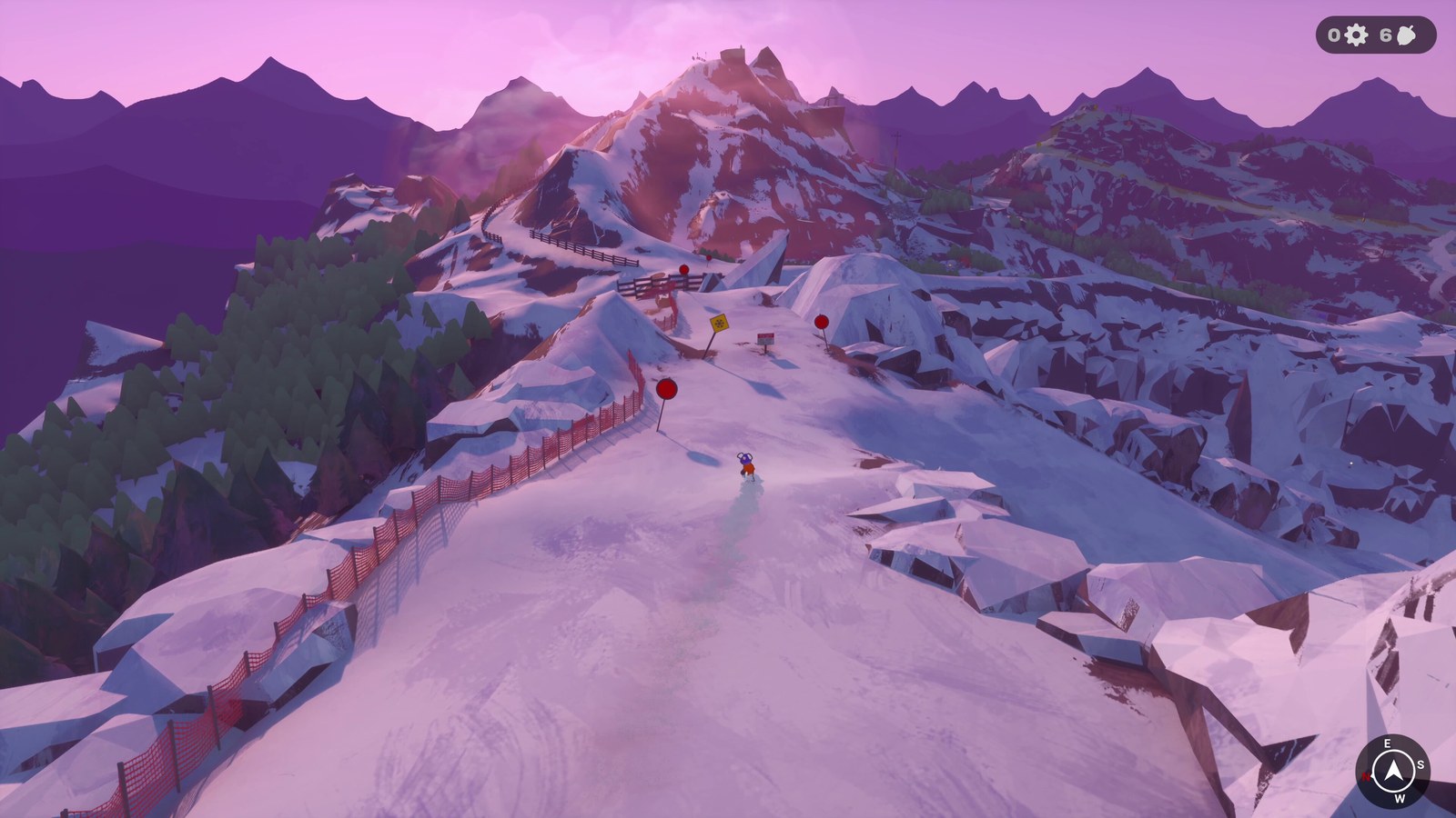 A broad snowy mountain landscape in The Vast White, with pink light over ridges and a small figure on the slope.