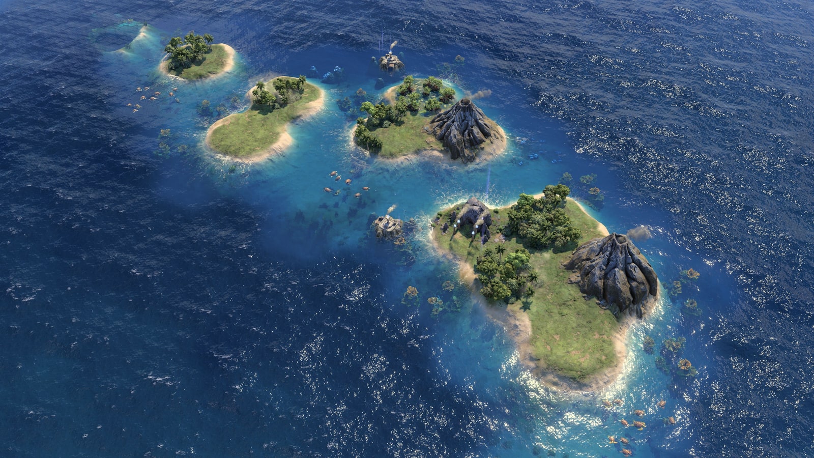 A chain of green volcanic islands in blue ocean on Civilization VII’s Earth map.