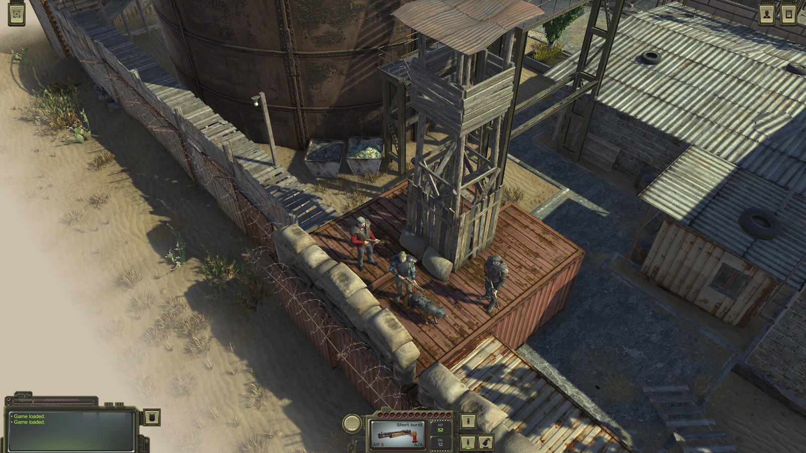 ATOM RPG characters explore a waterfront structure with wooden walkways and corrugated roofs.
