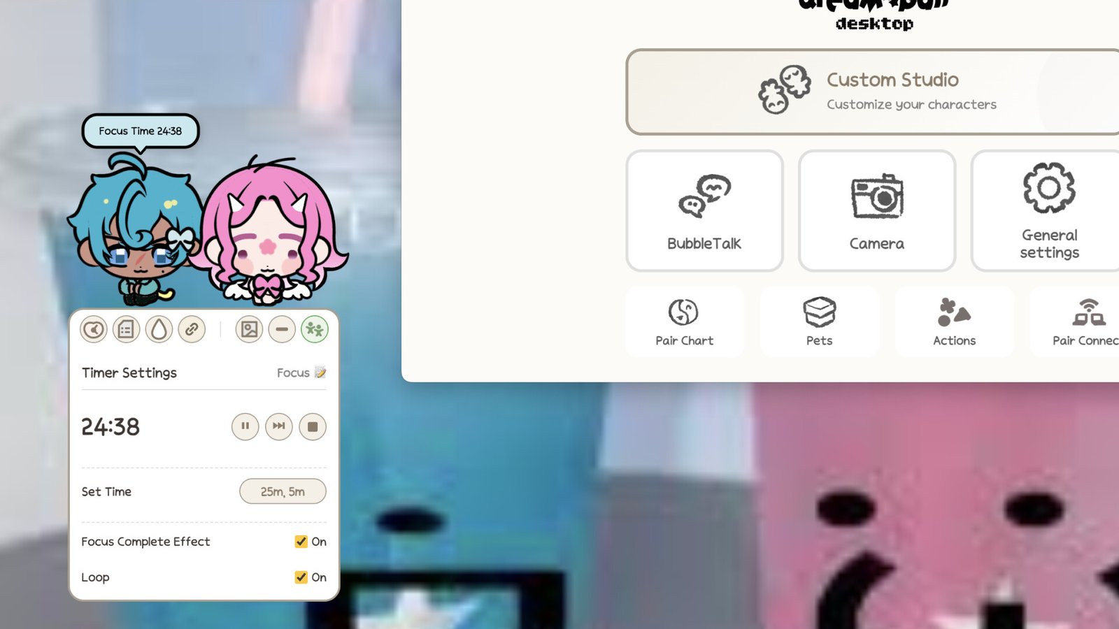 Two desktop characters appear beside the focus timer and companion settings.