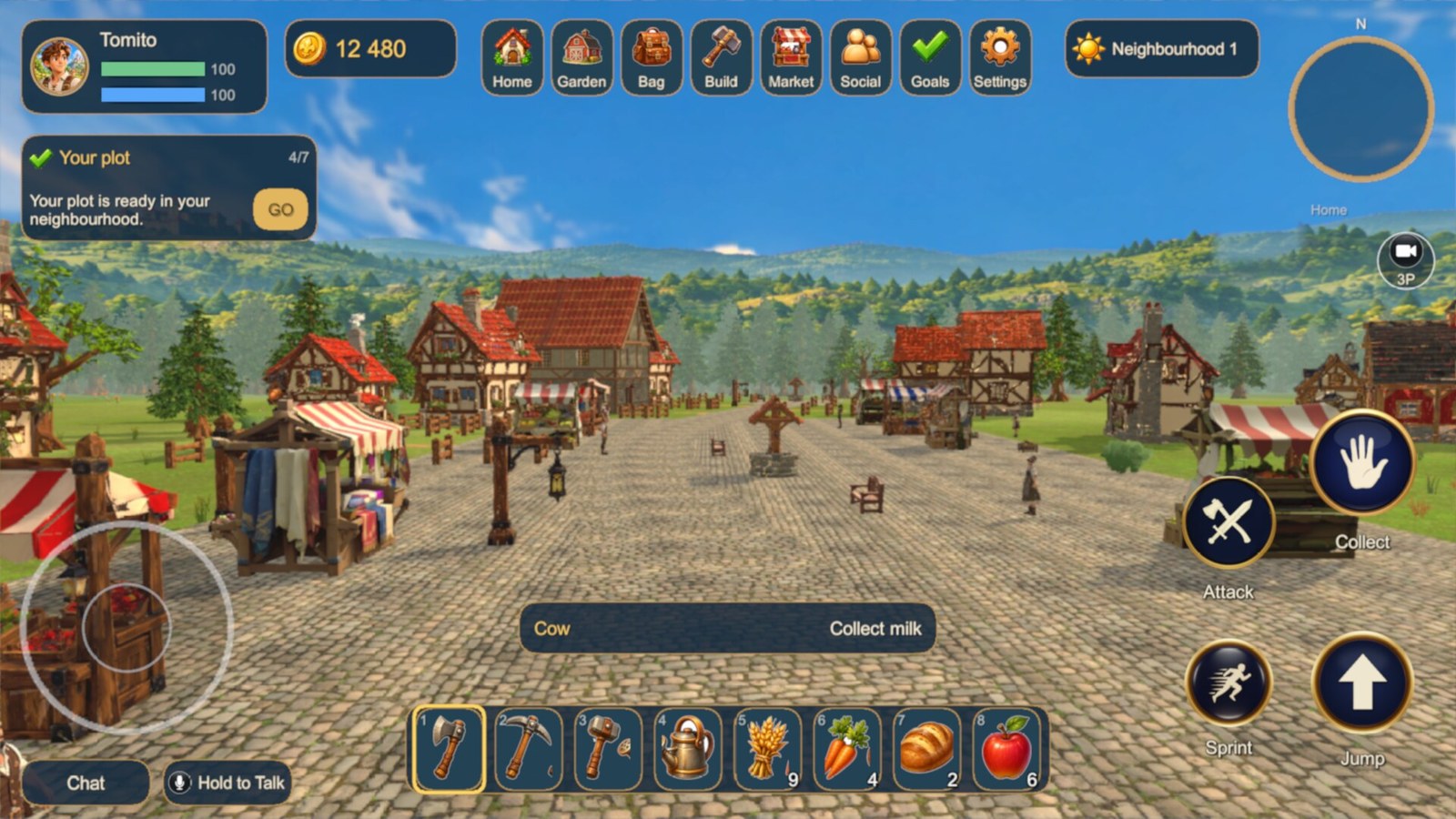 Hearthbound’s Android interface with touch movement controls, item bar and a village street.