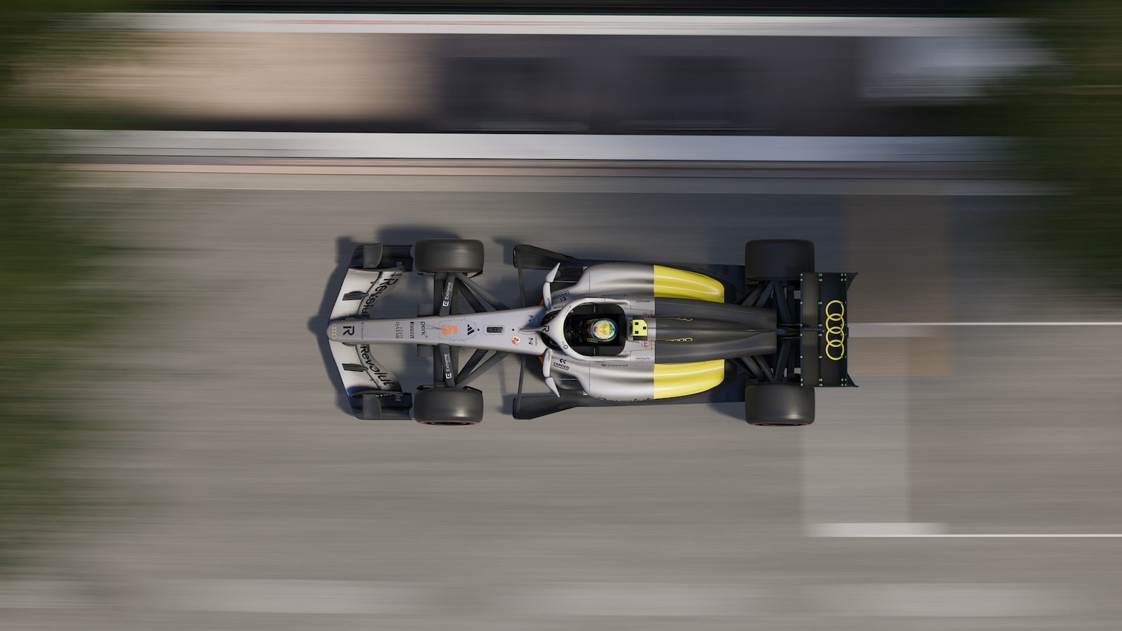 Overhead view of an Audi Formula 1 car in motion in F1 25’s 2026 season.