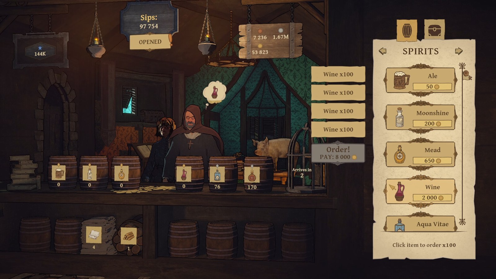 A drinks menu is open beside the serving counter in Tavern Clicker.