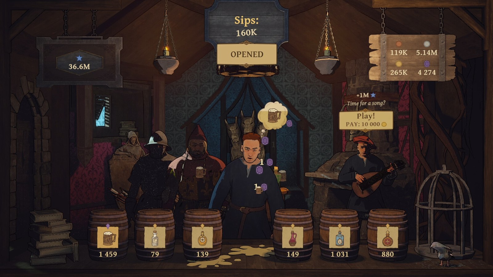 Guests stand along a medieval tavern counter with drink icons and upgrade controls below.