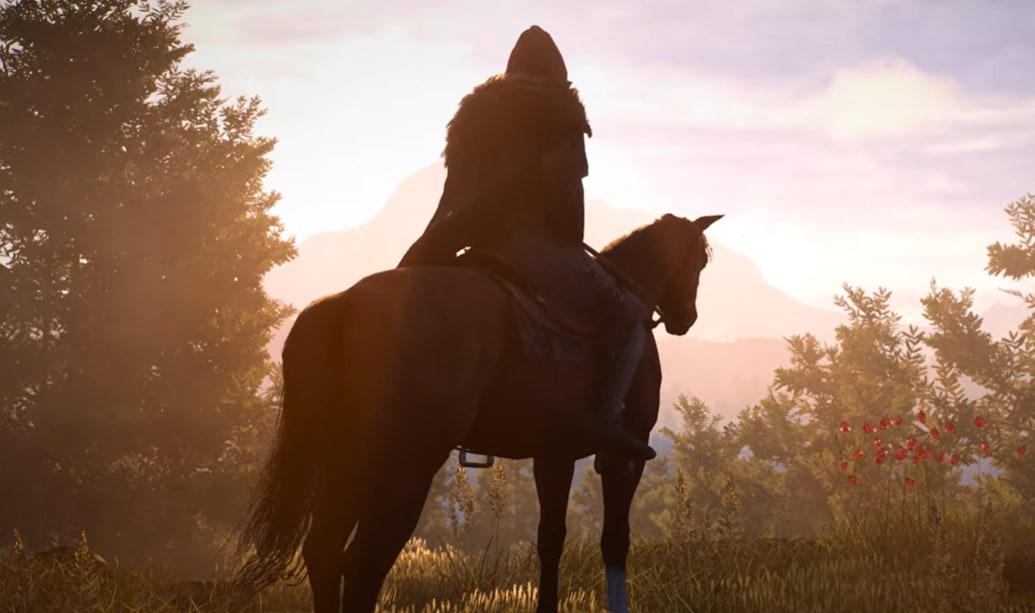 A mounted rider in silhouette against warm evening light in Bellwright.