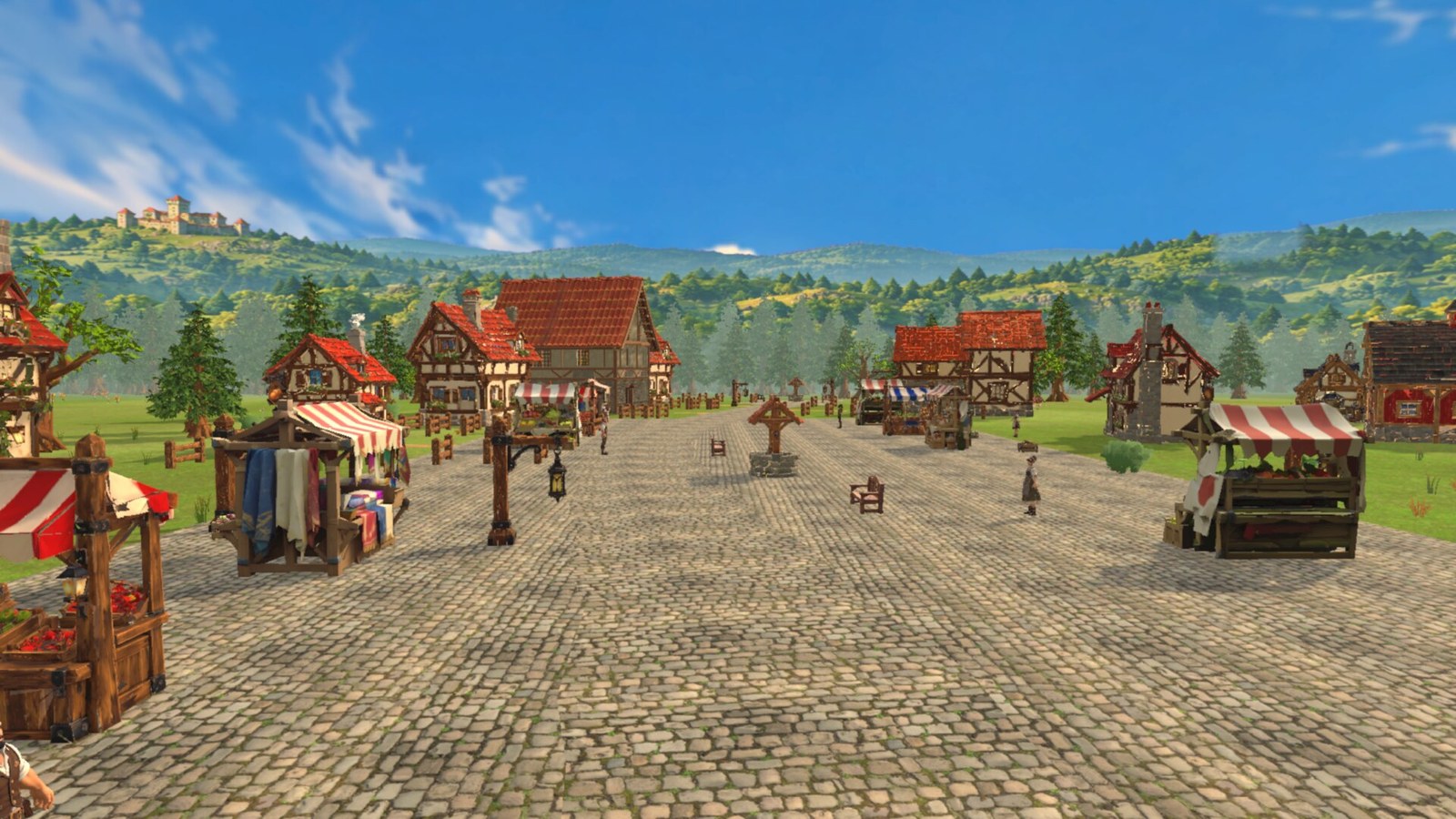 Market stalls and timber buildings border a cobbled square in Hearthbound.